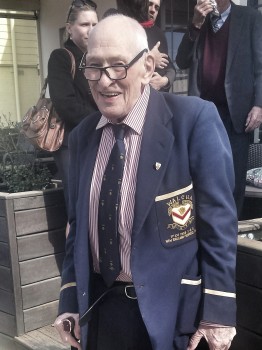 Doug Laurie - Walcha rugby legend wearing 1953 NE Premiers jacket. Pocket designed by life member Jim Ryan - deceased May 2015.